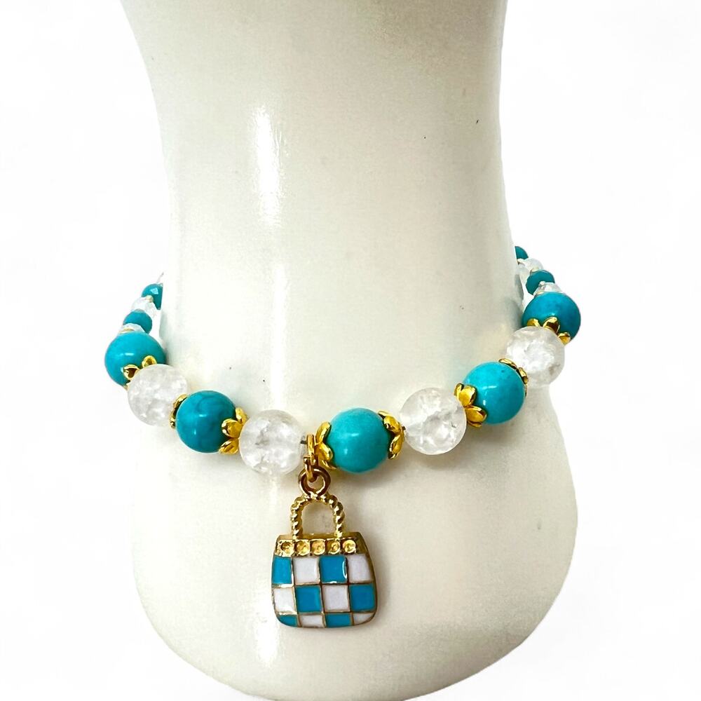 Sparkling Crystal & Stone Bracelet Handbag Charm  Aqua & White 7.25''  Glam